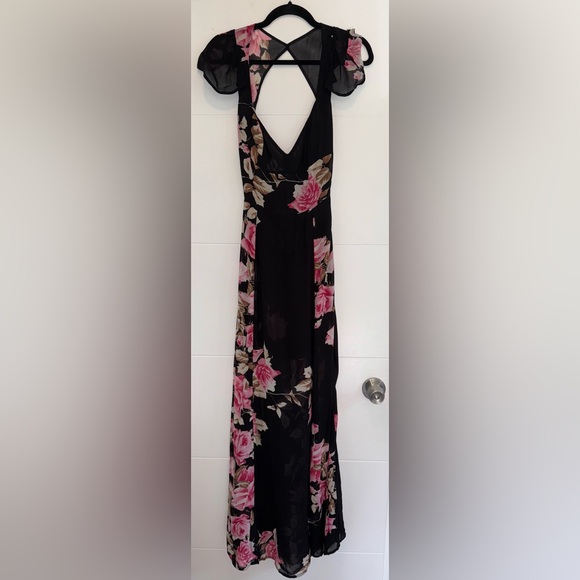 Reformation Black Floral Ruffle Sleeves Maxi Silk Dress Gown Open Back Small - Picture 1 of 5